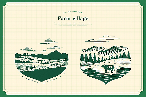 나무 구름 일러스트 산 잔디 초원 사람없음 초록색 목장 심볼 젖소 언덕 국내일러스트 AI파일 자연요소 식물 컬러 소 파일형식 벡터