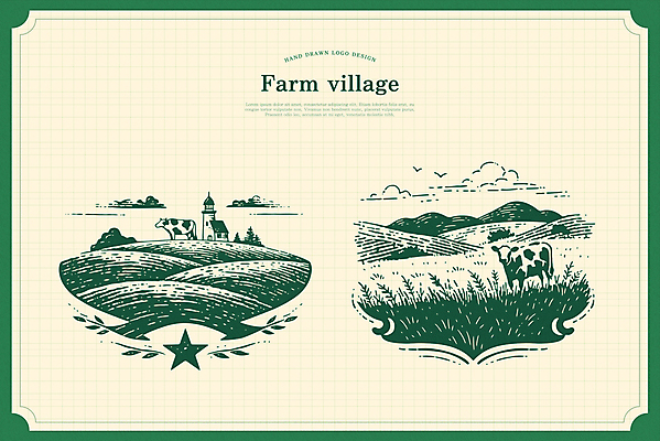 나무 구름 일러스트 산 주택 잔디 초원 사람없음 초록색 목장 심볼 젖소 언덕 국내일러스트 AI파일 자연요소 식물 컬러 건물 소 파일형식 벡터