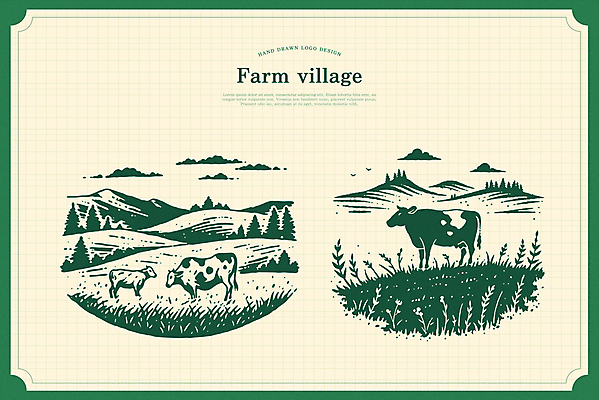 구름 일러스트 산 잔디 초원 사람없음 초록색 목장 심볼 젖소 국내일러스트 AI파일 자연요소 식물 컬러 소 파일형식 벡터