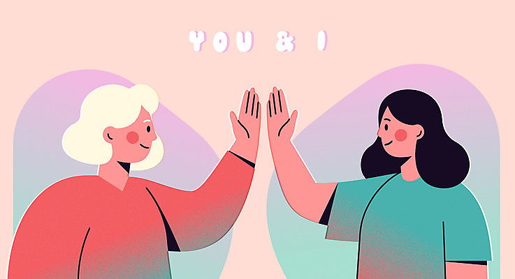 여자 노년 분홍색 일러스트 함께함 미소 상반신 성인 두명 마주보기 손인사 여자만 국내일러스트 AI파일 컬러 컨셉 모션 표정 사람 인사 파일형식 벡터