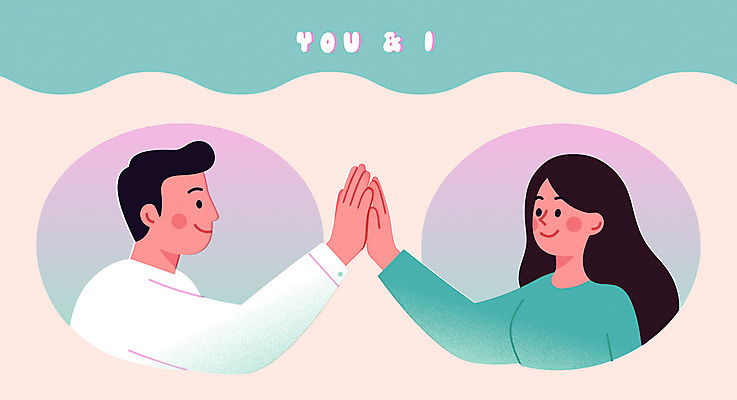 여자 남자 분홍색 일러스트 함께함 미소 상반신 성인 두명 마주보기 하이파이브 성인만 국내일러스트 AI파일 컬러 컨셉 모션 표정 사람 손짓 파일형식 벡터