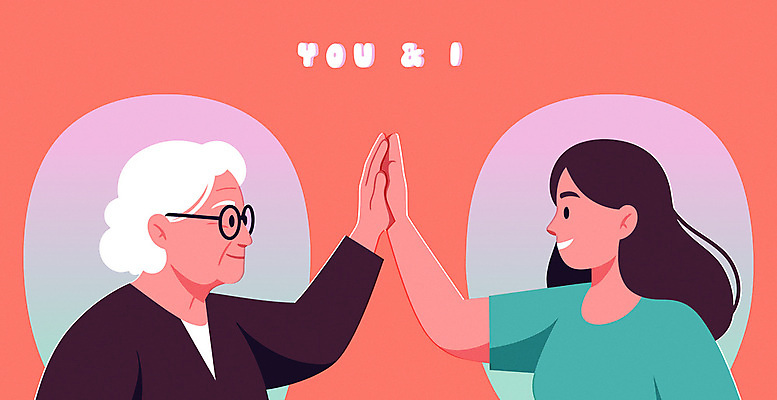 여자 노년 일러스트 함께함 미소 상반신 성인 두명 마주보기 하이파이브 여자만 안경낌 코랄 국내일러스트 AI파일 안경 컬러 컨셉 모션 표정 사람 손짓 파일형식 벡터