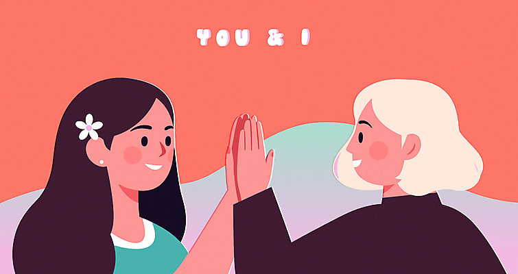 여자 꽃 일러스트 함께함 미소 상반신 성인 두명 마주보기 하이파이브 성인여자만 코랄 국내일러스트 AI파일 식물 컬러 컨셉 모션 표정 사람 손짓 여자만 성인만 파일형식 벡터