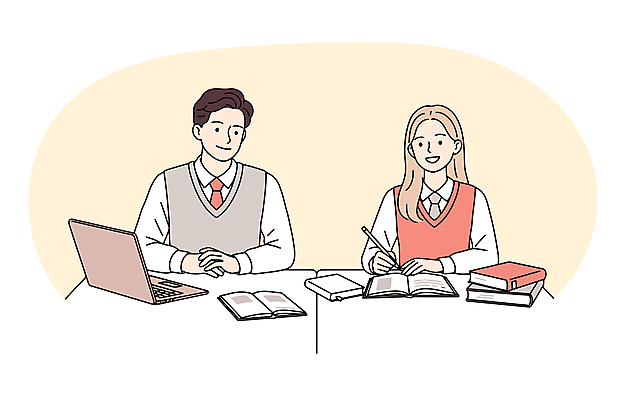 학생 여자 교육 남자 교복 일러스트 청소년 미소 상반신 두명 책 노트북 스터디 연필 잡기 책상 손모으기 살구색 온라인강의 온라인강좌 십대만 국내일러스트 AI파일 옷 컬러 가구 모션 학용품 표정 사람 손짓 전자제품 학습 필기구 강의 파일형식 벡터 언택트