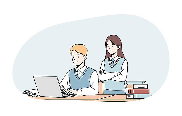 학생 여자 교육 남자 교복 하늘색 의자 일러스트 청소년 미소 앉기 두명 책 노트북 스터디 팔짱 타이핑 도움 집중 책상 온라인강의 온라인강좌 십대만 국내일러스트 AI파일 옷 가구 컨셉 모션 표정 사람 파란색 전자제품 학습 강의 파일형식 벡터 언택트