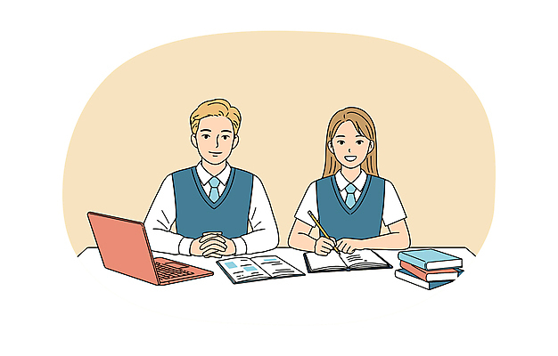 학생 여자 교육 남자 교복 일러스트 청소년 미소 상반신 두명 책 노트북 스터디 연필 잡기 책상 손모으기 살구색 온라인강의 온라인강좌 십대만 국내일러스트 AI파일 옷 컬러 가구 모션 학용품 표정 사람 손짓 전자제품 학습 필기구 강의 파일형식 벡터 언택트