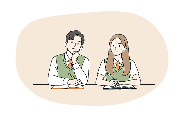 학생 여자 교육 남자 교복 일러스트 청소년 미소 상반신 두명 책 스터디 연필 턱괴기 잡기 연분홍색 십대만 국내일러스트 AI파일 옷 분홍색 모션 학용품 표정 사람 학습 필기구 파일형식 벡터