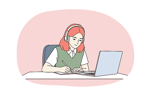 학생 여자 교육 교복 분홍색 의자 일러스트 청소년 한명 미소 상반신 책 노트북 스터디 연필 헤드폰 잡기 집중 책상 온라인강의 온라인강좌 십대여자한명만 국내일러스트 AI파일 1 옷 컬러 음향기기 가구 컨셉 모션 학용품 표정 사람 전자제품 학습 필기구 강의 여자한명만 십대여자만 파일형식 벡터 언택트