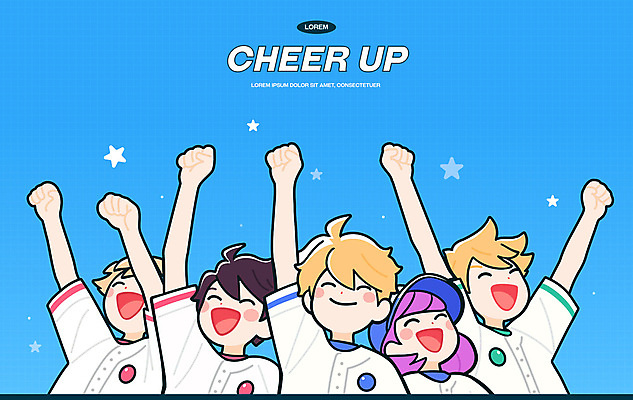 여자 남자 별 유니폼 일러스트 응원 청소년 운동선수 미소 여러명 상반신 파란색 손들기 파이팅 주먹 십대만 국내일러스트 AI파일 자연요소 옷 스포츠 컬러 다수 모션 표정 사람 파일형식 벡터