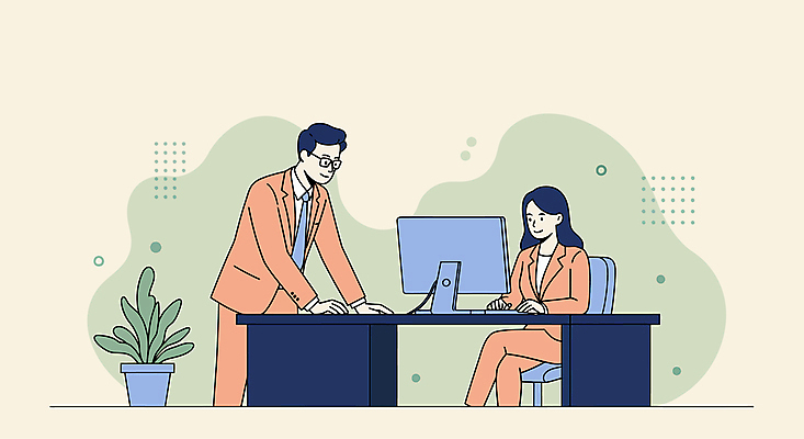 식물 여자 남자 화분 의자 일러스트 회사 미소 앉기 정장 성인 두명 사무실 모니터 다리꼬기 타이핑 업무 비즈니스맨 비즈니스우먼 책상 베이지색 성인만 안경낌 국내일러스트 AI파일 옷 안경 컬러 가구 비즈니스 모션 표정 사람 컴퓨터 작업 직장인 파일형식 벡터