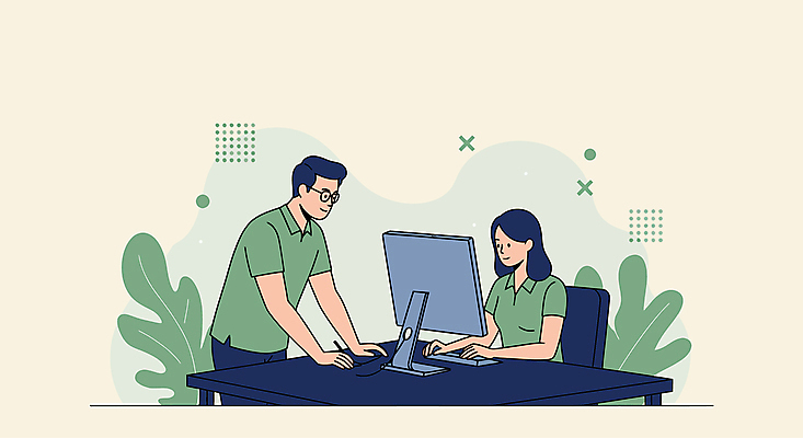 여자 남자 잎 의자 일러스트 회사 미소 상반신 성인 두명 사무실 모니터 타이핑 키보드 업무 비즈니스맨 비즈니스우먼 책상 베이지색 성인만 안경낌 국내일러스트 AI파일 식물 안경 컬러 가구 비즈니스 표정 사람 컴퓨터 작업 직장인 파일형식 벡터