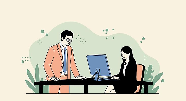 여자 남자 잎 의자 일러스트 회사 미소 앉기 정장 성인 두명 사무실 모니터 다리꼬기 키보드 업무 비즈니스맨 비즈니스우먼 책상 베이지색 성인만 안경낌 국내일러스트 AI파일 식물 옷 안경 컬러 가구 비즈니스 모션 표정 사람 컴퓨터 작업 직장인 파일형식 벡터