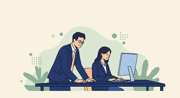 여자 남자 잎 의자 일러스트 회사 미소 앉기 정장 성인 두명 사무실 모니터 타이핑 키보드 업무 비즈니스맨 비즈니스우먼 책상 베이지색 성인만 안경낌 국내일러스트 AI파일 식물 옷 안경 컬러 가구 비즈니스 모션 표정 사람 컴퓨터 작업 직장인 파일형식 벡터