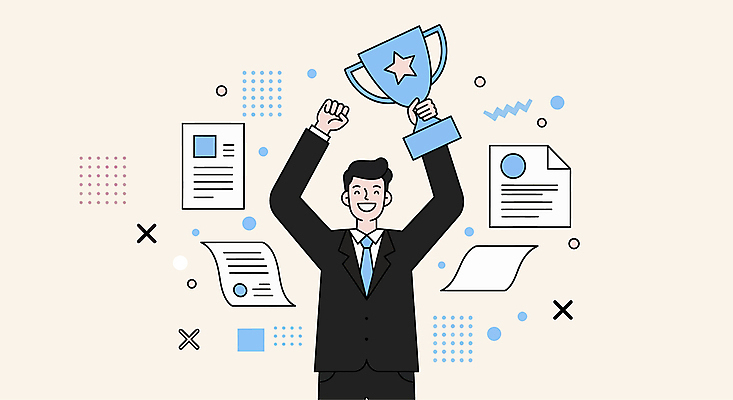 남자 일러스트 한명 미소 들기 정장 성인 손들기 기쁨 우승 비즈니스맨 트로피 문서 베이지색 시상 우승자 성인남자한명만 국내일러스트 AI파일 1 옷 감정 컬러 비즈니스 모션 표정 사람 최고 직장인 상_우승 남자한명만 성인남자만 파일형식 벡터