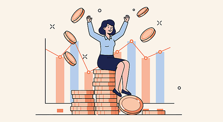 여자 일러스트 그래프 한명 미소 앉기 정장 성인 만세 비즈니스우먼 주식 상승 동전탑 베이지색 성인여자한명만 국내일러스트 AI파일 1 옷 컬러 컨셉 비즈니스 모션 표정 사람 금융 쌓기 동전 직장인 여자한명만 성인여자만 파일형식 벡터