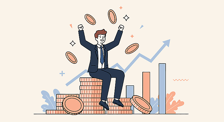 남자 일러스트 그래프 한명 미소 앉기 정장 성인 반짝임 만세 비즈니스맨 주식 상승 동전탑 베이지색 성인남자한명만 국내일러스트 AI파일 1 옷 컬러 컨셉 비즈니스 모션 표정 사람 금융 쌓기 동전 직장인 남자한명만 성인남자만 파일형식 벡터