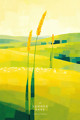 PSD 일러스트 자연 하늘 논 사람없음 연두색 노란색 여름풍경 벼 농촌 언덕 국내일러스트 컬러 농업 곡류 풍경 초록색 시골 생태계 파일형식 여름_계절