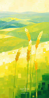 PSD 일러스트 자연 하늘 사람없음 연두색 노란색 여름풍경 벼 농촌 언덕 국내일러스트 컬러 곡류 풍경 초록색 시골 생태계 파일형식 여름_계절