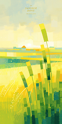 PSD 일러스트 자연 하늘 주택 논 사람없음 연두색 노란색 여름풍경 벼 농촌 국내일러스트 컬러 농업 곡류 풍경 건물 초록색 시골 생태계 파일형식 여름_계절