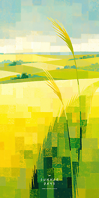 PSD 일러스트 자연 하늘 논 사람없음 연두색 노란색 여름풍경 벼 농촌 풀 언덕 국내일러스트 식물 컬러 농업 곡류 풍경 초록색 시골 생태계 파일형식 여름_계절