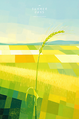 PSD 일러스트 자연 하늘 산 논 사람없음 연두색 노란색 여름풍경 벼 농촌 국내일러스트 컬러 농업 곡류 풍경 초록색 시골 생태계 파일형식 여름_계절