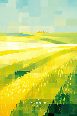 PSD 일러스트 자연 하늘 논 사람없음 연두색 노란색 여름풍경 농촌 국내일러스트 컬러 농업 풍경 초록색 시골 생태계 파일형식 여름_계절