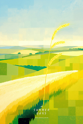 PSD 일러스트 자연 하늘 논 사람없음 연두색 노란색 여름풍경 벼 농촌 풀 언덕 국내일러스트 식물 컬러 농업 곡류 풍경 초록색 시골 생태계 파일형식 여름_계절