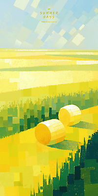 PSD 일러스트 자연 하늘 논 사람없음 연두색 노란색 여름풍경 농촌 곤포사일리지 국내일러스트 컬러 농업 풍경 초록색 시골 생태계 파일형식 여름_계절