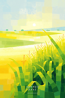 PSD 일러스트 자연 하늘 논 사람없음 연두색 노란색 여름풍경 농촌 풀 국내일러스트 식물 컬러 농업 풍경 초록색 시골 생태계 파일형식 여름_계절