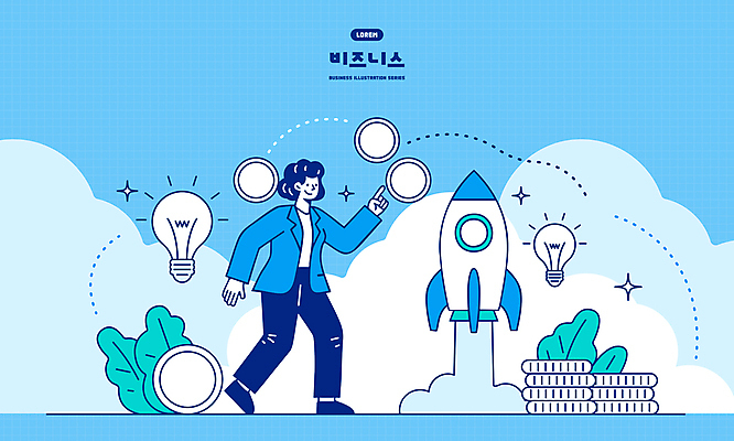 전신 여자 잎 일러스트 전구 성공 미래 한명 미소 성인 파란색 반짝임 로켓 가리킴 비즈니스우먼 연기 동전탑 성인여자한명만 국내일러스트 AI파일 식물 1 컬러 컨셉 비즈니스 모션 표정 사람 손짓 쌓기 동전 직장인 여자한명만 성인여자만 파일형식 벡터