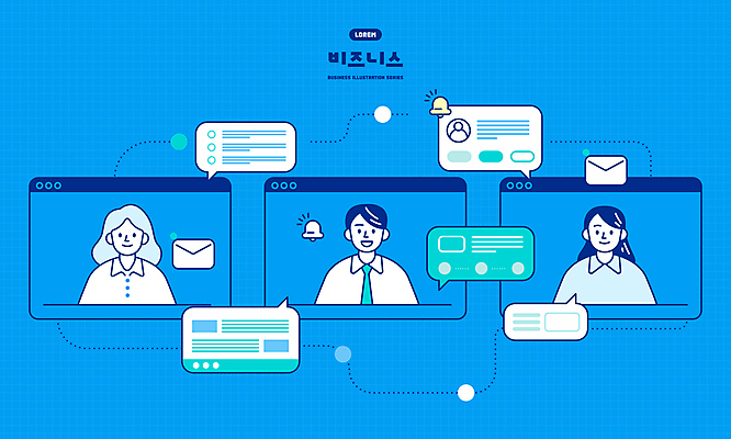 여자 남자 말풍선 일러스트 성공 미래 미소 상반신 성인 세명 파란색 비즈니스맨 비즈니스우먼 메시지 온라인 인터넷창 성인만 국내일러스트 AI파일 컬러 컨셉 인터넷 비즈니스 표정 사람 직장인 파일형식 벡터