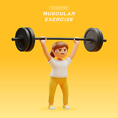 전신 PSD 편집이미지 여자 다이어트 3D캐릭터 한명 미소 들기 성인 운동복 노란색 3D 헬스 역기 땀 근력 성인여자한명만 편집3D 캐릭터 1 옷 컬러 모션 표정 건강 사람 운동 디지털합성 여자한명만 성인여자만 파일형식