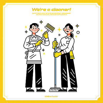 전신 여자 남자 장갑 일러스트 미소 들기 성인 두명 반짝임 노란색 앞치마 잡기 빗자루 청소 청소부 성인만 일러캐릭터 AI파일 직업 캐릭터 잡화 컬러 모션 표정 사람 청소도구 파일형식 벡터