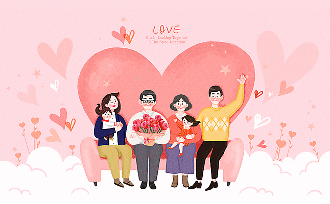 PSD 여자 노년 남자 어린이 분홍색 꽃다발 일러스트 안기 대가족 따뜻함 사랑 들기 앉기 소녀 여러명 성인 소파 장미 하트 어린이날 어버이날 즐거움 손인사 국내일러스트 모양 기념일 꽃 감정 컬러 다수 의자 가족 모션 사람 인사 파일형식