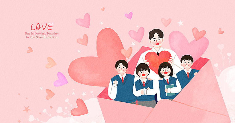 PSD 학생 여자 남자 교복 분홍색 일러스트 청소년 편지봉투 따뜻함 사랑 들기 여러명 상반신 성인 책 교사 하트 스승의날 즐거움 감사 국내일러스트 모양 직업 옷 기념일 감정 컬러 다수 모션 봉투 사람 편지 파일형식