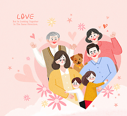 PSD 여자 노년 남자 꽃 어린이 분홍색 일러스트 포옹 대가족 따뜻함 사랑 미소 소녀 소년 여러명 상반신 성인 손들기 하트 강아지 어린이날 어버이날 국내일러스트 모양 식물 기념일 감정 컬러 다수 가족 안기 모션 표정 사람 반려동물 개 파일형식