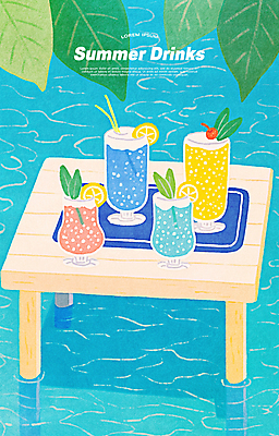 PSD 열매 물결 음료 잎 일러스트 잔 빨대 사람없음 파란색 여름휴가 천 레몬 슬라이스 나무탁자 레몬장식 국내일러스트 식물 식기 컬러 과일 탁자 휴가 장식 직물 파일형식 여름_계절