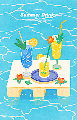 PSD 접시 꽃 물결 음료 잎 일러스트 잔 빨대 사람없음 파란색 여름휴가 레몬 슬라이스 나무받침 레몬장식 국내일러스트 식물 식기 컬러 과일 휴가 목재 장식 받침대 파일형식 여름_계절