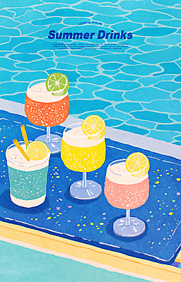 PSD 물결 음료 일러스트 탁자 잔 빨대 사람없음 파란색 여름휴가 식탁보 레몬 슬라이스 라임 레몬장식 국내일러스트 식기 컬러 가구 과일 휴가 장식 파일형식 여름_계절