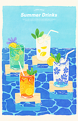 PSD 물결 음료 잎 일러스트 잔 빨대 사람없음 파란색 여름휴가 레몬 슬라이스 나무받침 레몬장식 국내일러스트 식물 식기 컬러 과일 휴가 목재 장식 받침대 파일형식 여름_계절