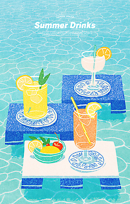 PSD 그릇 접시 물결 음료 잎 일러스트 탁자 잔 빨대 사람없음 파란색 여름휴가 체리 레몬 슬라이스 레몬장식 국내일러스트 식물 식기 컬러 가구 과일 휴가 장식 파일형식 여름_계절