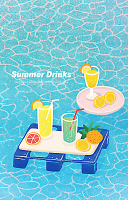 PSD 물결 음료 일러스트 잔 쟁반 빨대 사람없음 파란색 여름휴가 레몬 자몽 받침대 슬라이스 레몬장식 국내일러스트 식기 컬러 과일 휴가 장식 파일형식 여름_계절