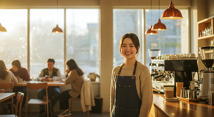 JPG 편집이미지 여자 남자 커피 조명 친절 미소 여러명 상반신 성인 햇빛 앞치마 카페 바리스타 에스프레소머신 의료성형뷰티 성인만 편집실사 AI인물포토 AI콘텐츠 직업 음료 다수 표정 사람 태양 상점 CG 커피용품 파일형식 AI포토