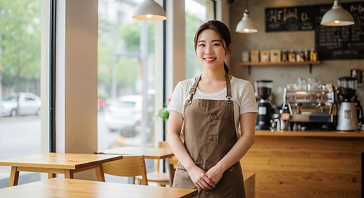 JPG 편집이미지 여자 커피 창문 조명 친절 선반 한명 미소 상반신 성인 앞치마 카페 바리스타 손모으기 나무탁자 의료성형뷰티 성인여자한명만 편집실사 AI인물포토 AI콘텐츠 직업 1 음료 가구 탁자 표정 사람 손짓 상점 CG 여자한명만 성인여자만 파일형식 AI포토