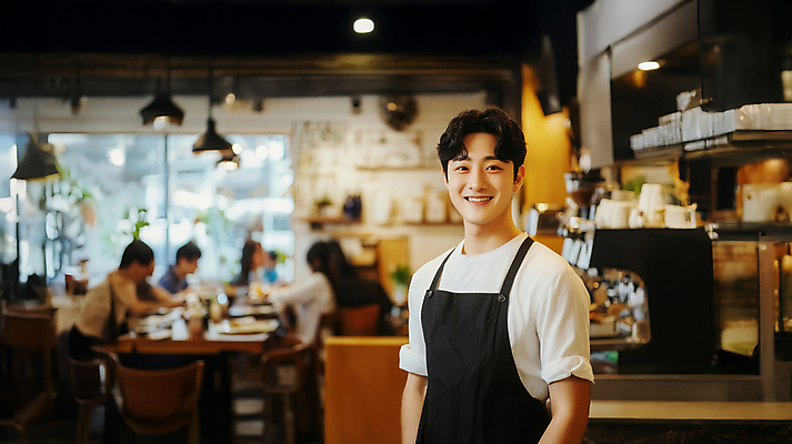 JPG 편집이미지 여자 남자 커피 조명 친절 미소 여러명 상반신 성인 앞치마 카페 바리스타 의료성형뷰티 성인만 편집실사 AI인물포토 AI콘텐츠 직업 음료 다수 표정 사람 상점 CG 파일형식 AI포토