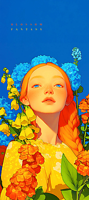 PSD 응시 여자 꽃 잎 일러스트 하늘 한명 상반신 성인 파란색 햇빛 주황색 봄 꿈 화려 신비 만개 몽환 성인여자한명만 국내일러스트 식물 1 시선 계절 컬러 컨셉 사람 태양 여자한명만 성인여자만 파일형식