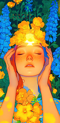 PSD 여자 꽃 잎 꽃밭 일러스트 한명 성인 빛 눈감음 주황색 봄 꿈 화려 신비 감싸기 만개 몽환 성인여자한명만 국내일러스트 식물 1 계절 컬러 컨셉 모션 사람 여자한명만 성인여자만 파일형식