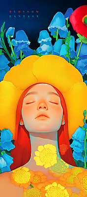 PSD 모자 여자 꽃잎 꽃 일러스트 한명 성인 파란색 노란색 눈감음 봄 꿈 화려 신비 고개들기 만개 몽환 성인여자한명만 국내일러스트 식물 1 잡화 계절 컬러 컨셉 모션 사람 여자한명만 성인여자만 파일형식