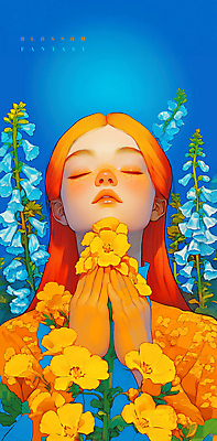 PSD 여자 꽃 일러스트 한명 성인 파란색 눈감음 주황색 봄 꿈 화려 신비 고개들기 손모으기 만개 몽환 성인여자한명만 국내일러스트 식물 1 계절 컬러 컨셉 모션 사람 손짓 여자한명만 성인여자만 파일형식