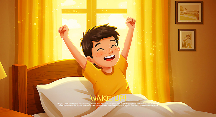 PSD 남자 행복 어린이 액자 일러스트 창문 베개 아침 한명 웃음 소년 햇빛 이불 방 기상 침대 커튼 기지개 소년한명만 국내일러스트 주간 1 감정 가구 침구 모션 표정 사람 태양 남자한명만 소년만 파일형식